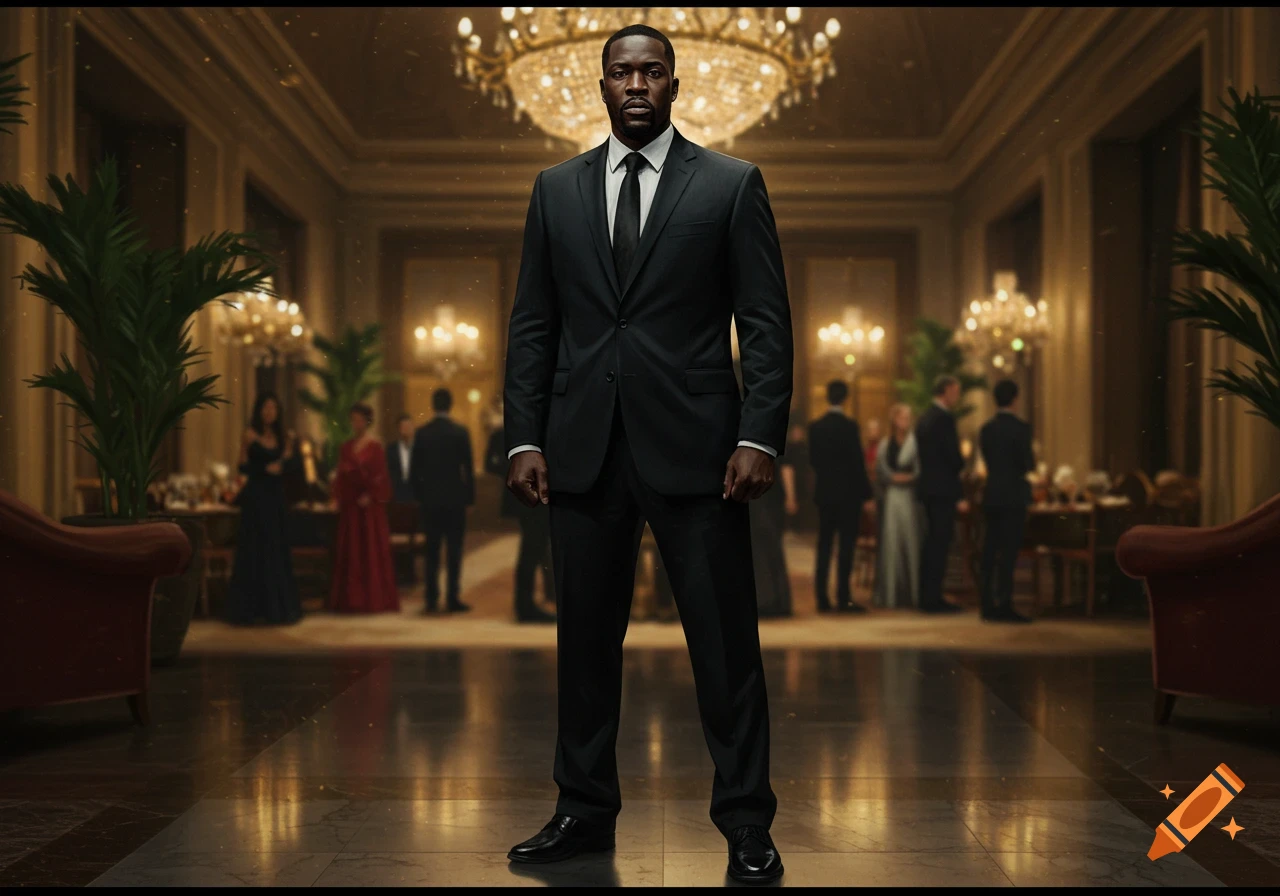 A confident man in a black suit and tie stands in a grand, chandelier-lit hall. Photorealistic.