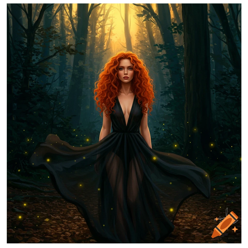 A red-haired woman in a flowing sheer black dress stands in a dark, ethereal forest at dusk, with golden light filtering through trees.