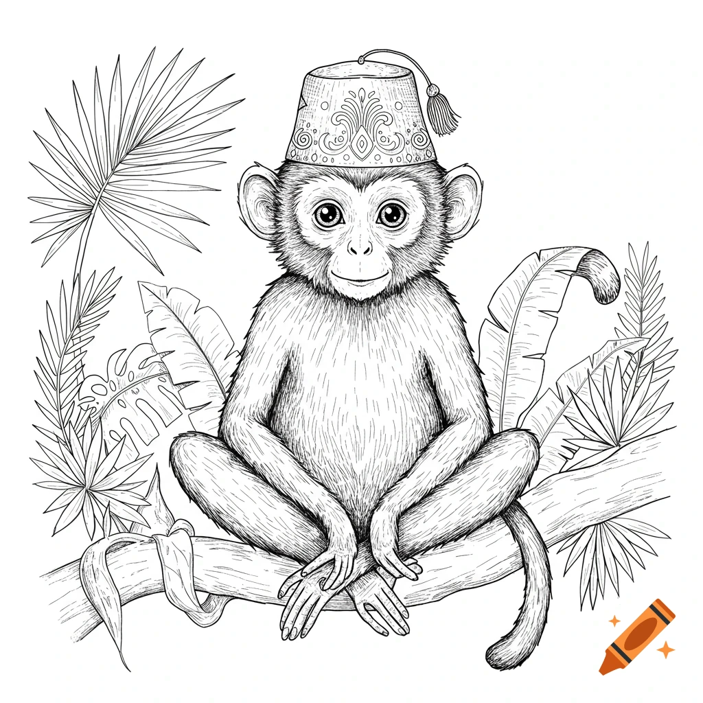 A line drawing of a monkey wearing a fez hat, sitting on a branch amidst tropical leaves.