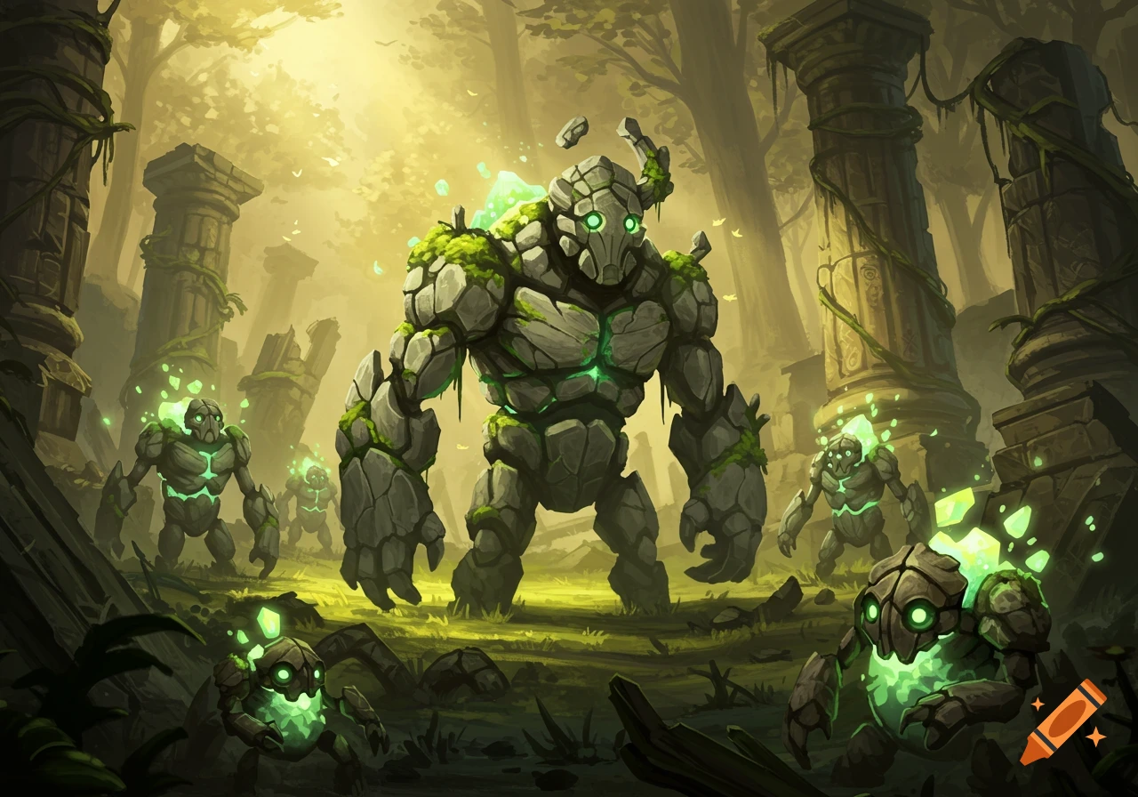 A large rock golem with a glowing green core and moss stands in ancient jungle ruins, surrounded by smaller golems.