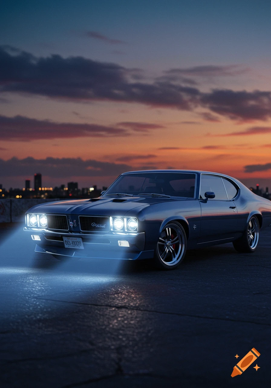 A dark blue classic muscle car with bright headlights on a street at dusk, with a city skyline in the background.