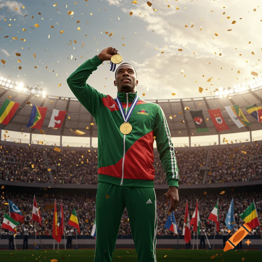 Photorealistic image of an African athlete in a stadium, holding a gold medal, with confetti and flags.