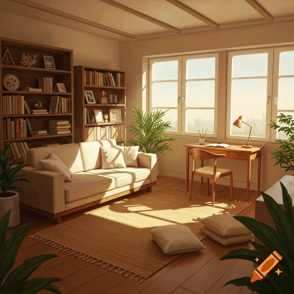 A cozy, sunlit room with a cream sofa, two large bookshelves, a wooden desk, and several green plants, rendered in a painterly style.