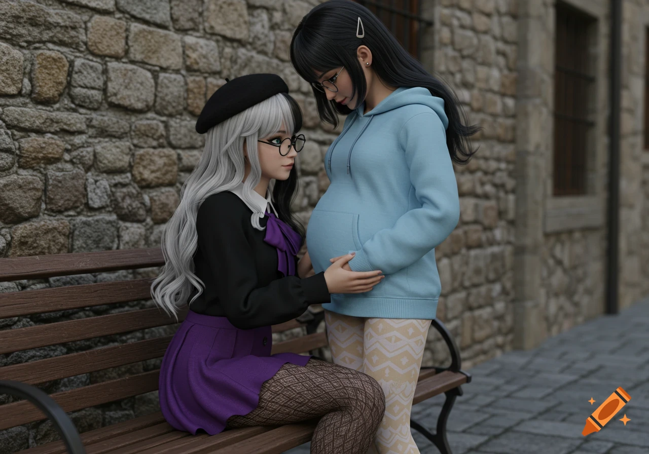 An anime couple in an urban setting, one woman with two-toned hair and gothic attire sits on a bench touching her pregnant girlfriend's belly.