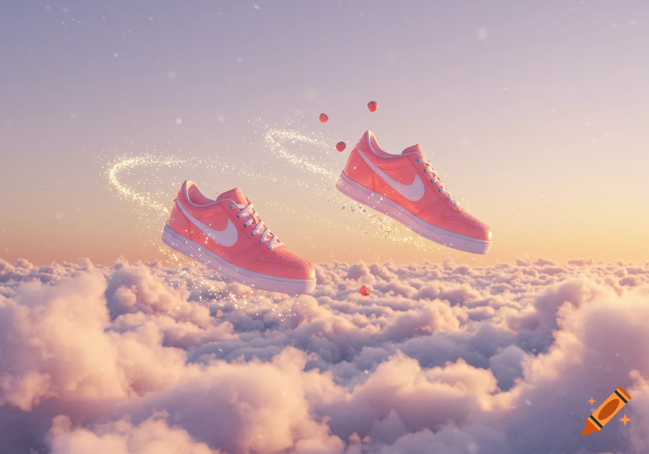 Two pink Nike sneakers with white swooshes float above fluffy clouds at sunset with sparkling trails.