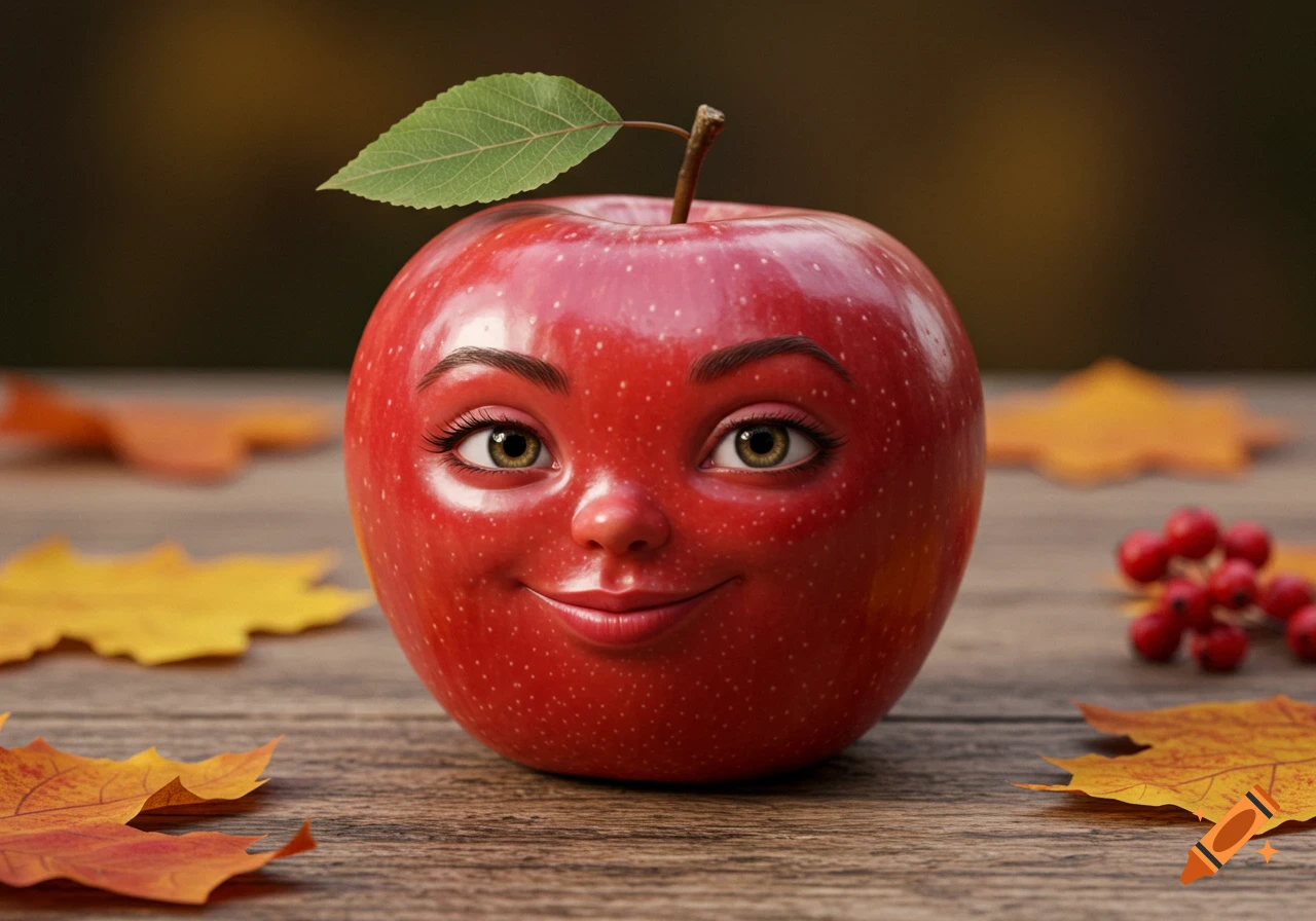 A photorealistic red apple with a smiling human face and a green leaf on its stem sits on a wooden table with scattered autumn leaves.