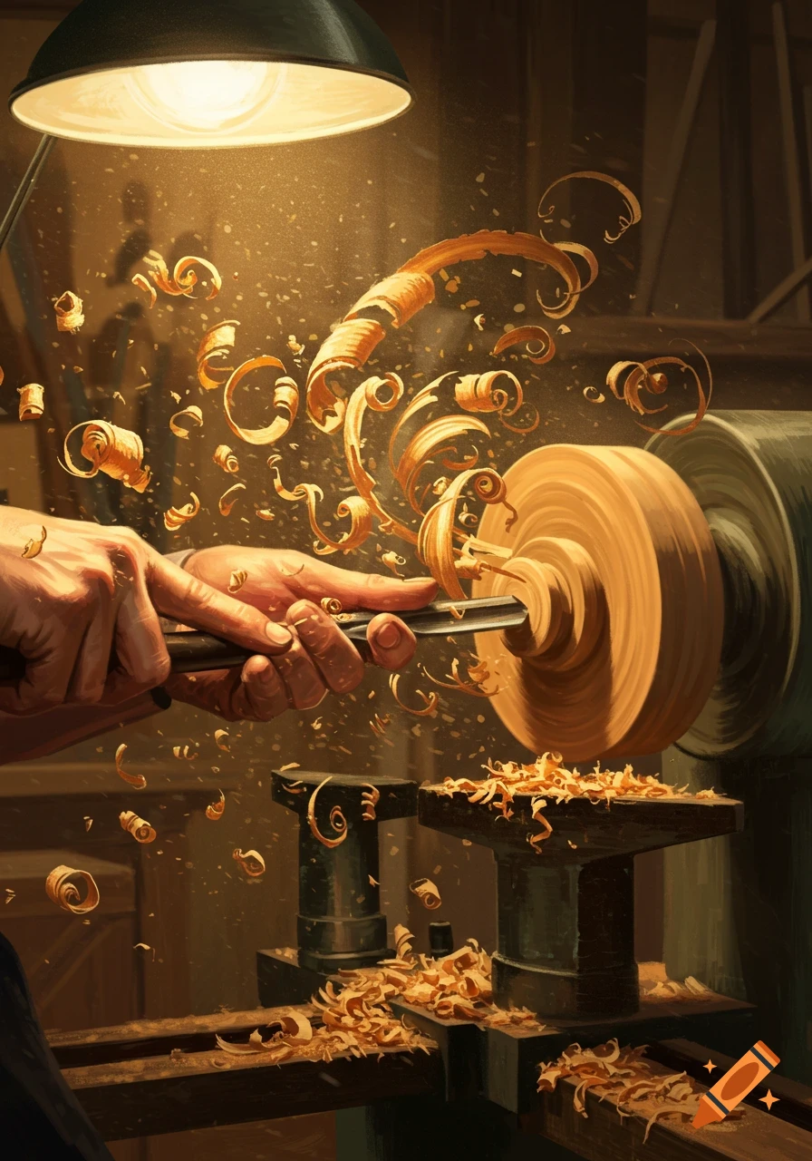 A person's hands carving wood on a lathe, with golden wood shavings flying upwards under warm lamplight.