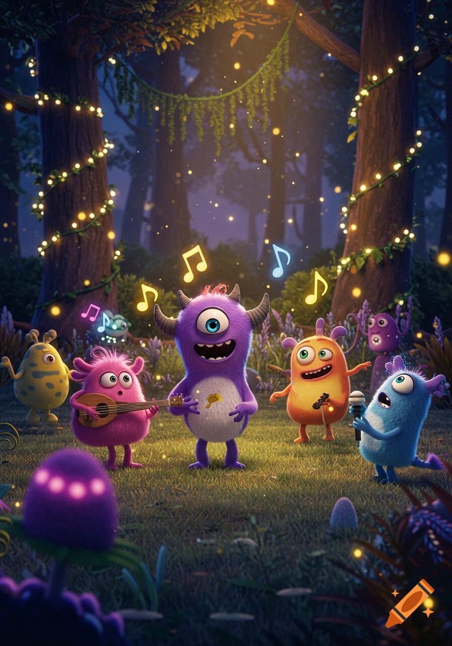 Colorful, furry cartoon monsters play instruments in a glowing forest at night, with musical notes floating around.