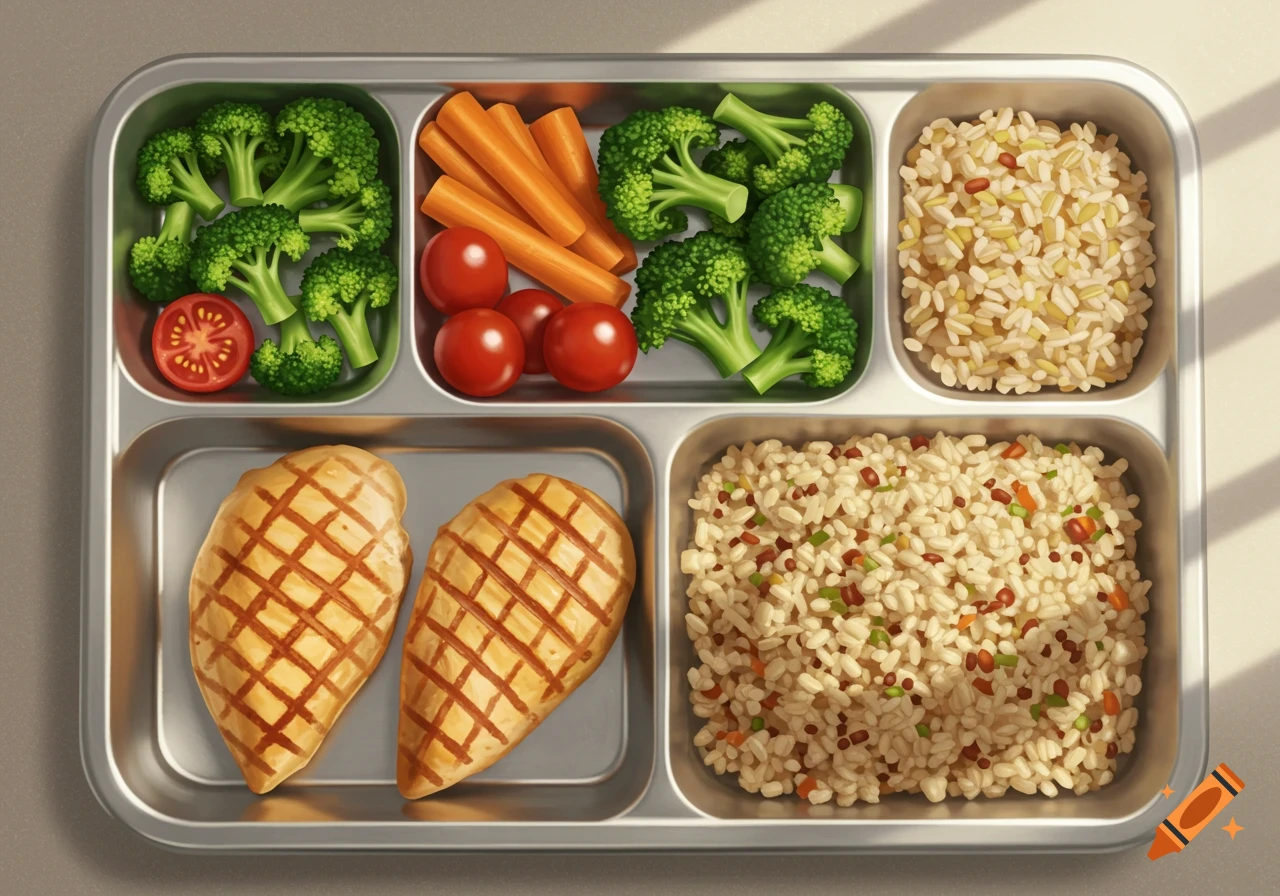 A healthy school meal in a tray with grilled chicken, broccoli, carrots, tomatoes, and brown rice, top-down view.