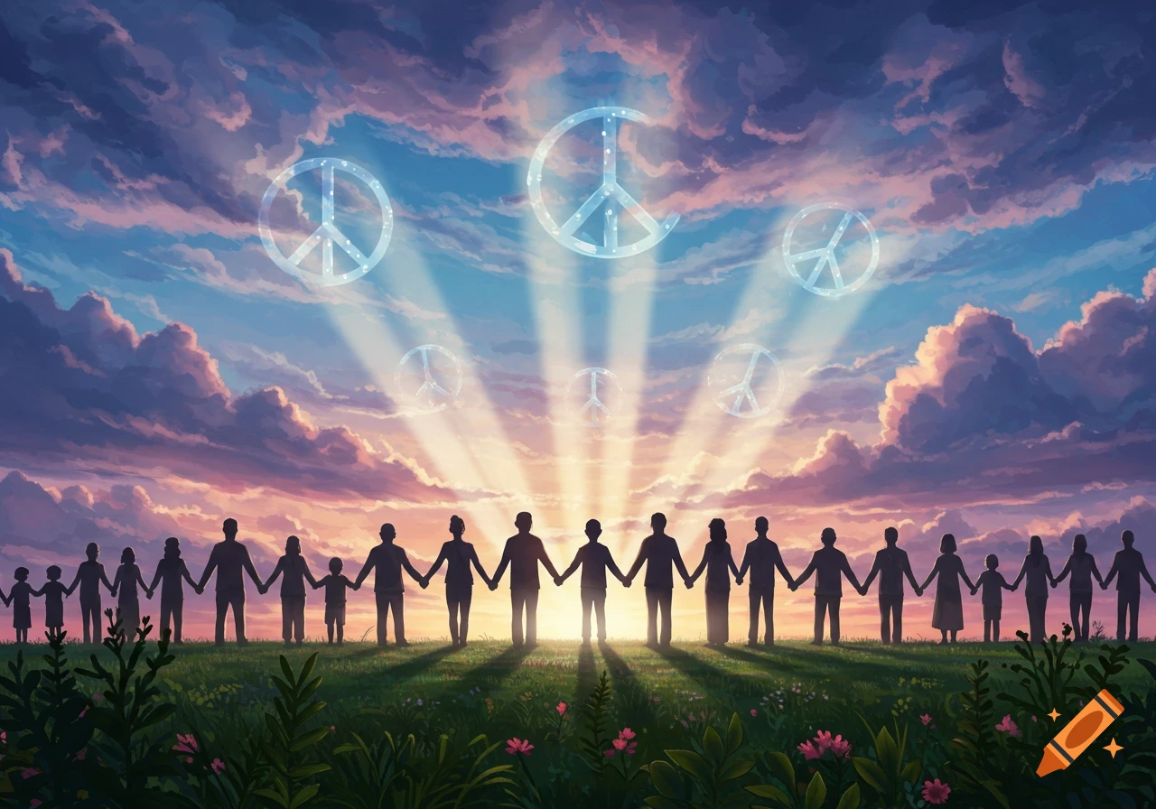 Silhouettes of people holding hands at sunset under glowing peace symbols in a grassy field, depicted in an illustrative style.