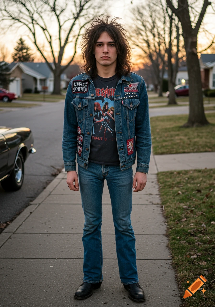 A young man with long messy hair stands on a suburban sidewalk, wearing a patched denim jacket over a band t-shirt, jeans, and boots, at dusk.