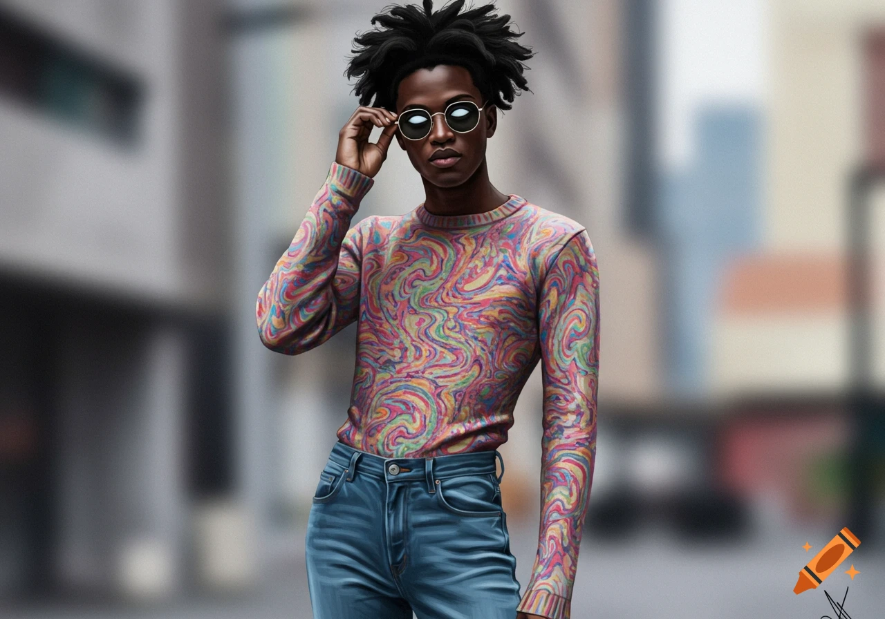 A dark-skinned person with dreadlocks and sunglasses, wearing a vibrant multicolored swirly sweater and blue jeans, stands on a blurry city street.