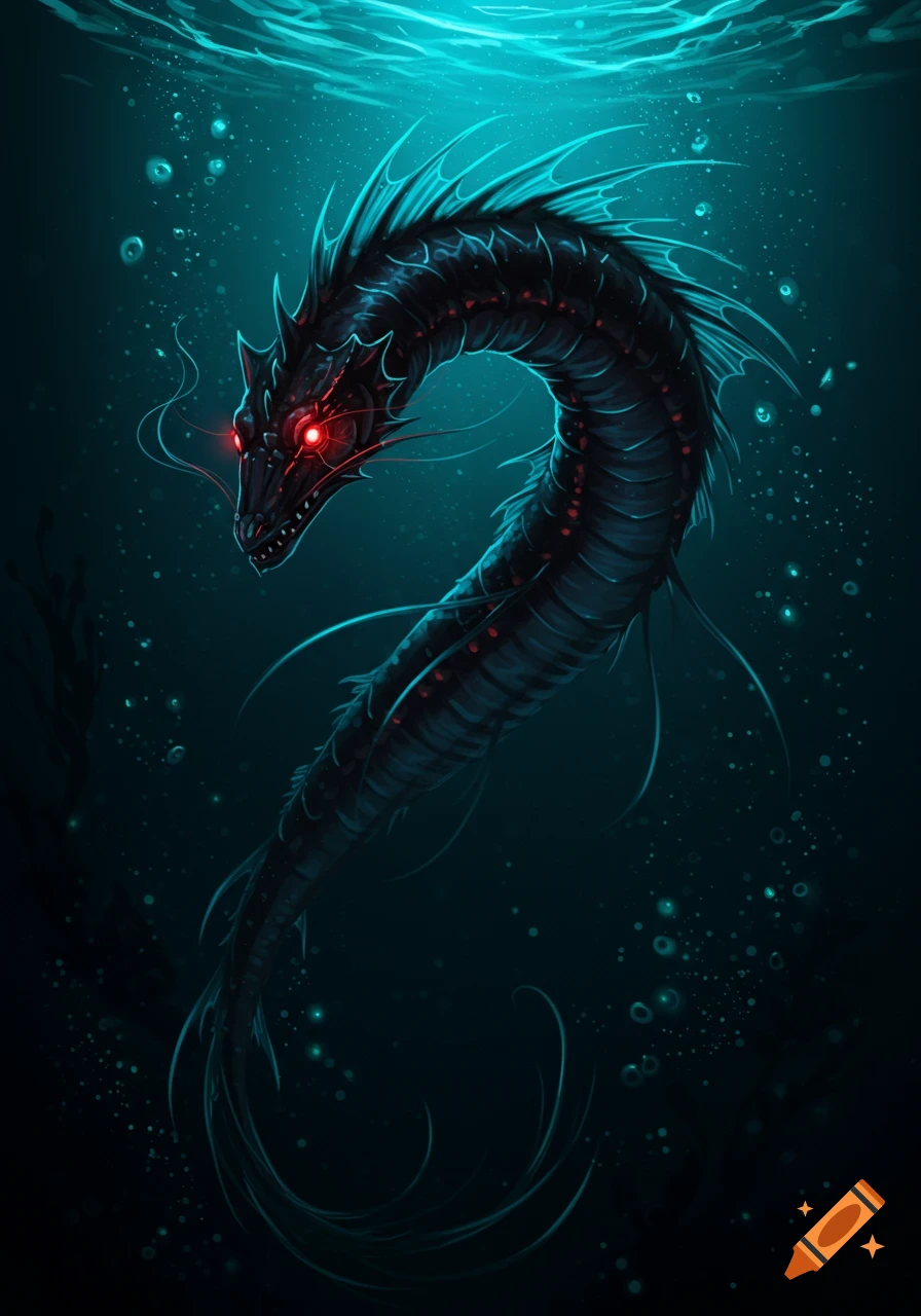 A dark, serpentine deep-sea dragon-fish with glowing red eyes swims in dark blue water with bubbles.