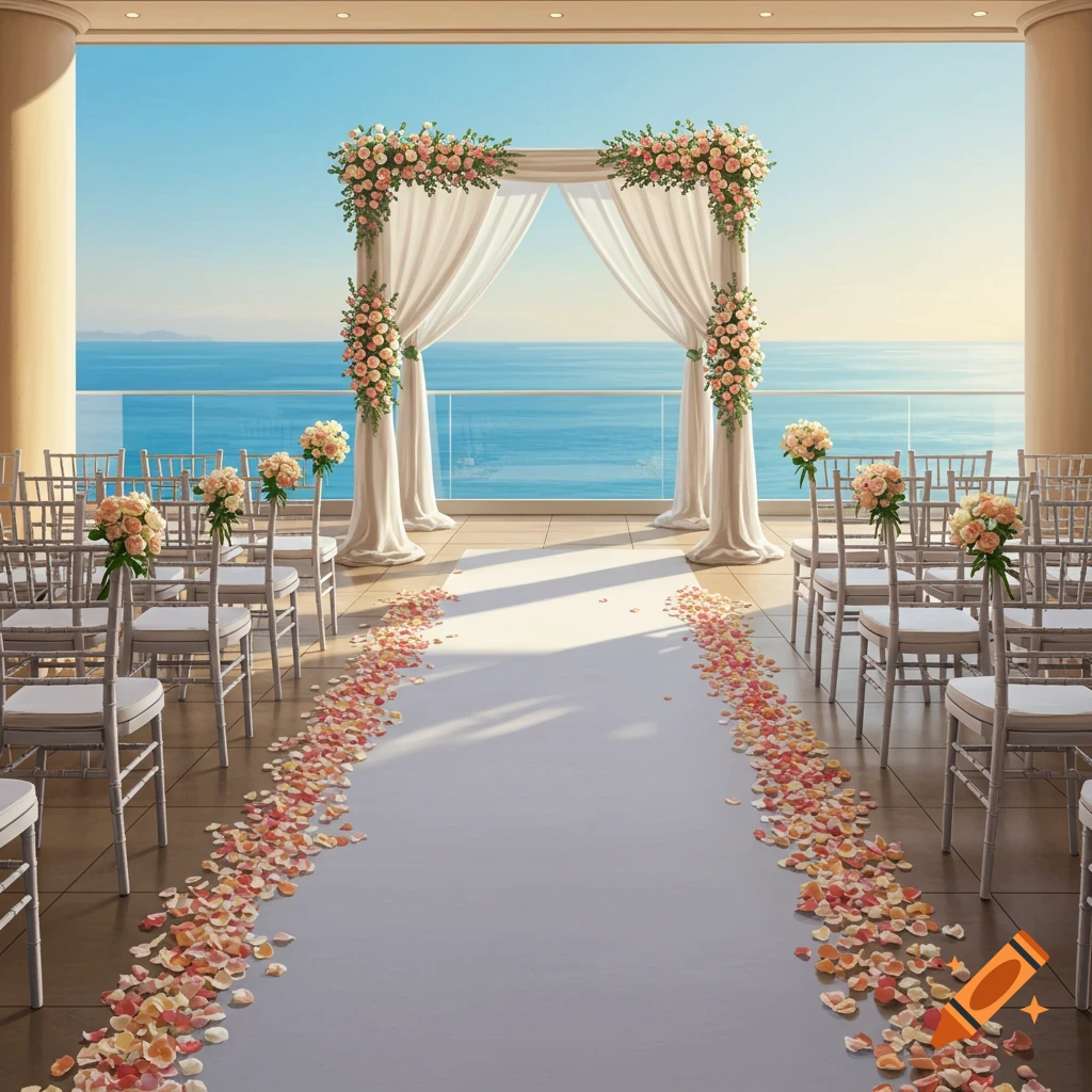 A wedding aisle with white chairs and rose petals leading to a flower-decorated arch on a balcony overlooking the blue sea, photorealistic.