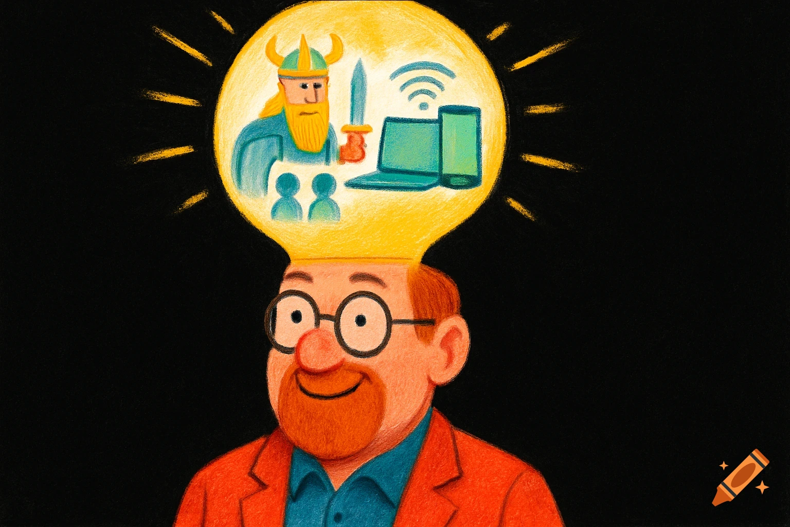 A cartoon man with an illuminated lightbulb head, containing a Viking, people, a laptop, a phone, and Wi-Fi symbol.