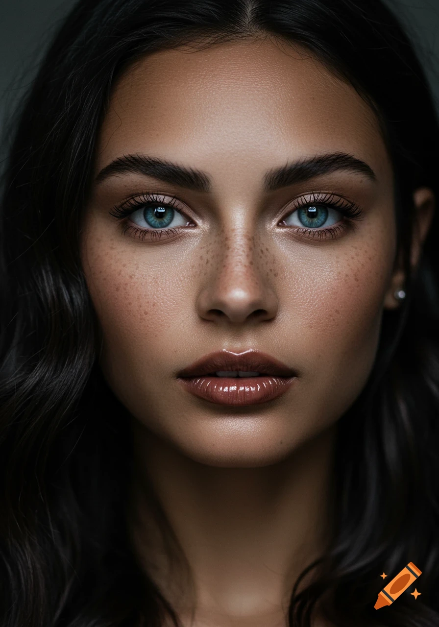 Close-up photorealistic portrait of a woman with dark wavy hair, intense blue eyes, freckles, and glossy reddish-brown lips.
