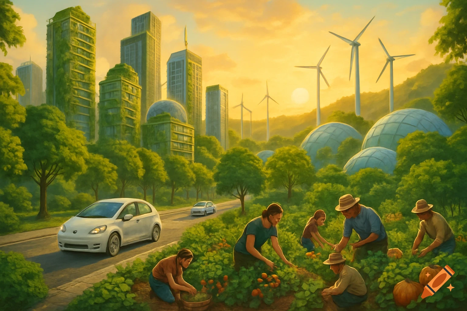 A vibrant digital painting of a sustainable cityscape with green buildings, windmills, and people farming crops in the foreground at sunset.