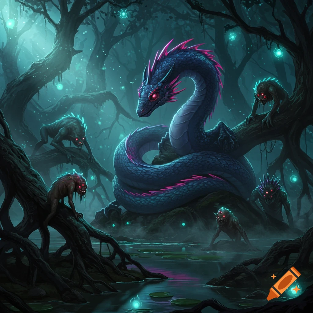 A large, dark blue dragon with pink spines and glowing red eyes in a murky swamp with smaller, grotesque creatures with glowing red eyes. Luminous blue orbs float around in the dark, gnarled forest environment.