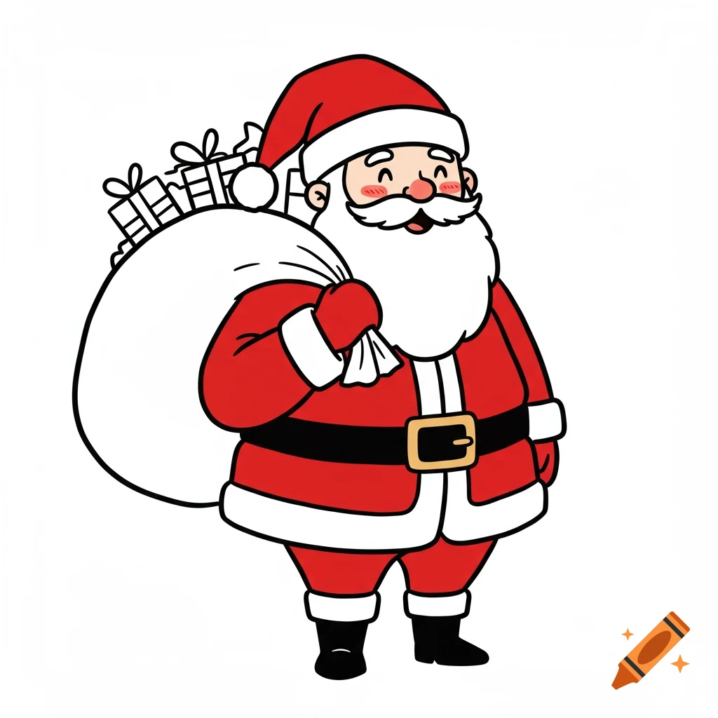 A smiling cartoon Santa Claus holding a large white sack filled with presents, with thick black outlines on a white background.