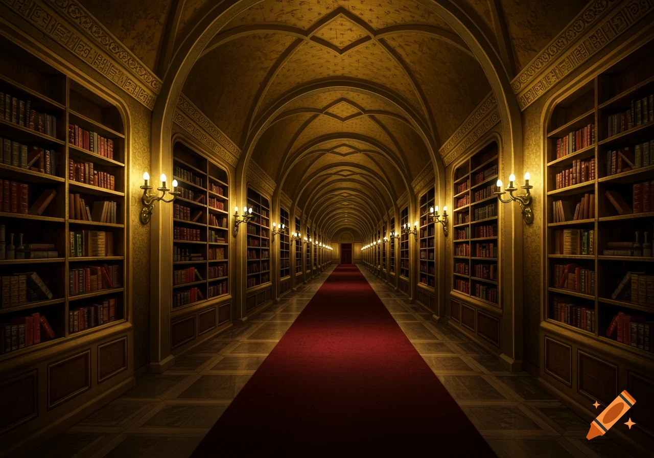 A grand, ornate library corridor with an arched golden ceiling, walls lined with bookshelves, and a long red carpet down the center.