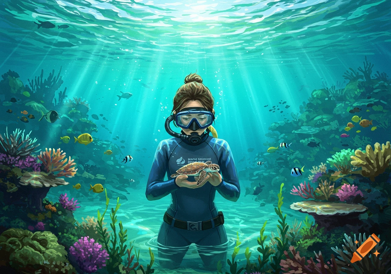 An illustrated marine biologist in a wetsuit holds a sea turtle underwater amidst colorful coral and fish, with sun rays from above.