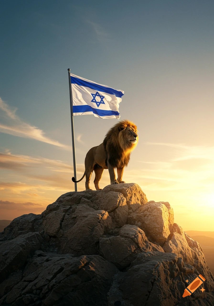 A majestic lion stands on a rocky mountain peak with the Israeli flag waving, silhouetted against a golden sunset.