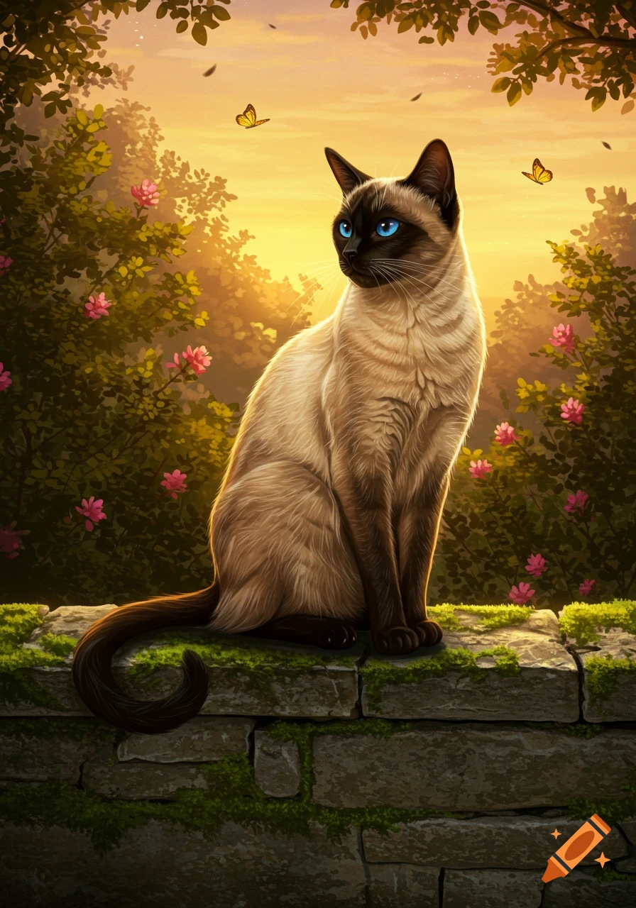 A Siamese cat with striking blue eyes sits on a mossy stone wall in a vibrant, golden-lit garden with pink flowers and butterflies, fantasy art.