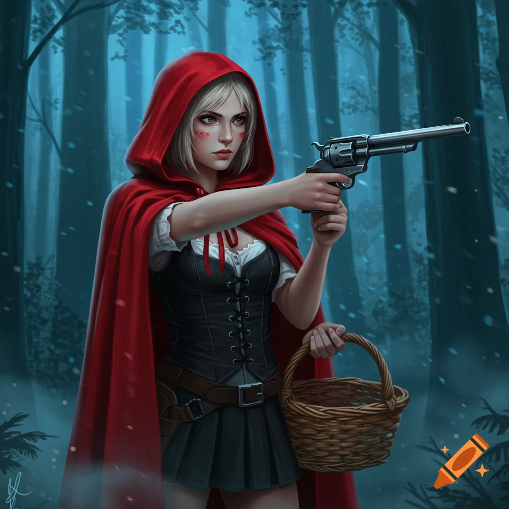 A stylized illustration of Little Red Riding Hood in a dark forest, aiming a revolver and holding a basket.