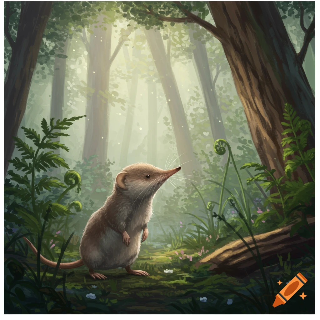 A small shrew with a long nose stands on its hind legs in a lush, misty forest, illustration style.