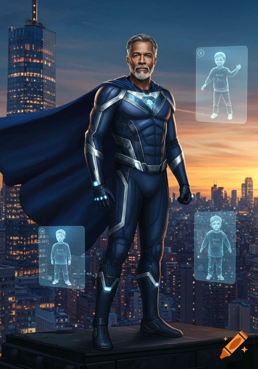 A grey-haired superhero in a blue suit and cape stands on a skyscraper overlooking a city skyline at sunset, with holographic projections of young boys floating around him.
