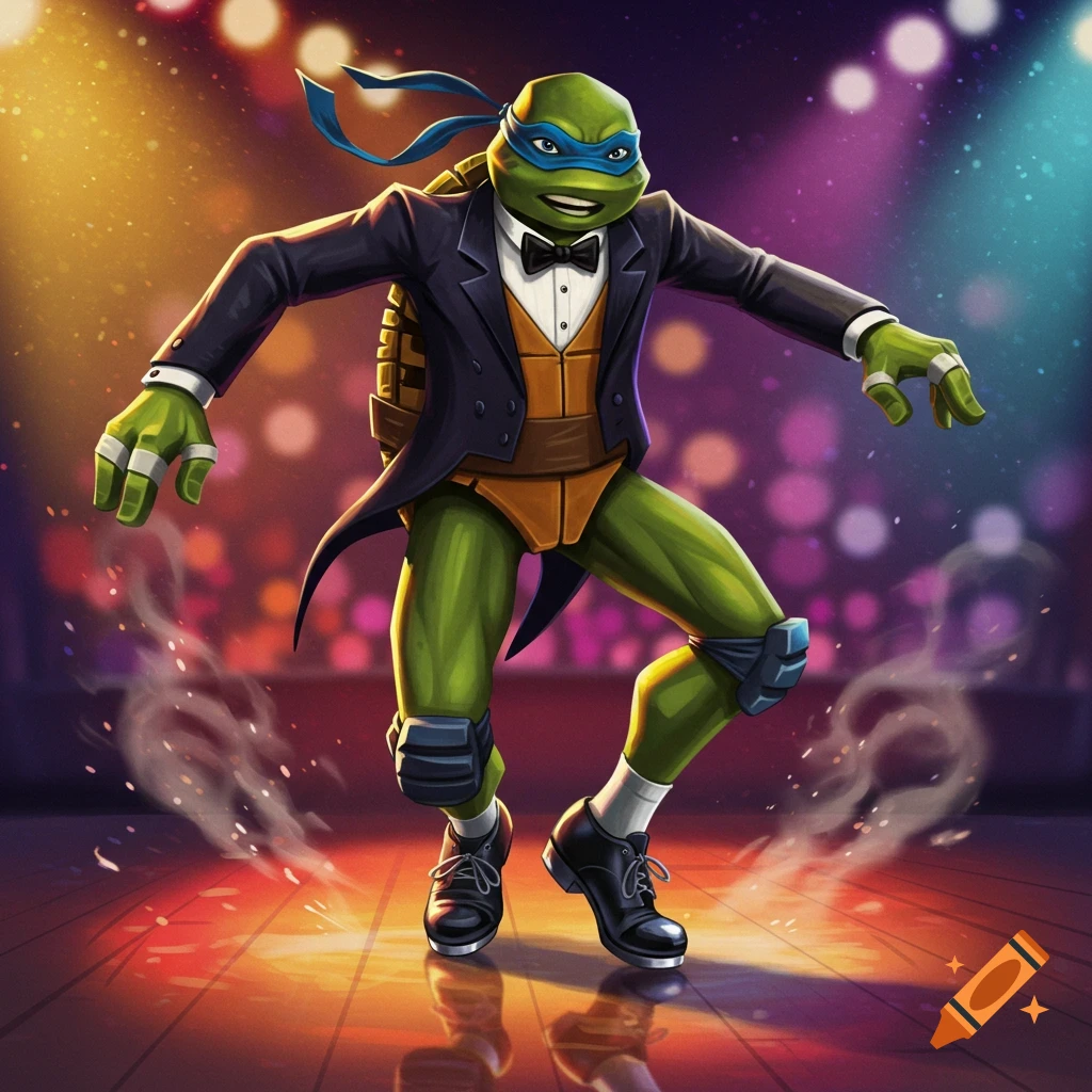 Leonardo from TMNT tap dancing in a black tuxedo and bow tie on a spotlighted stage, vibrant cartoon illustration.