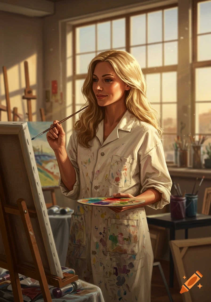 A blonde woman in a paint-splattered smock holds a brush and palette, painting on a canvas in a sunlit art studio.