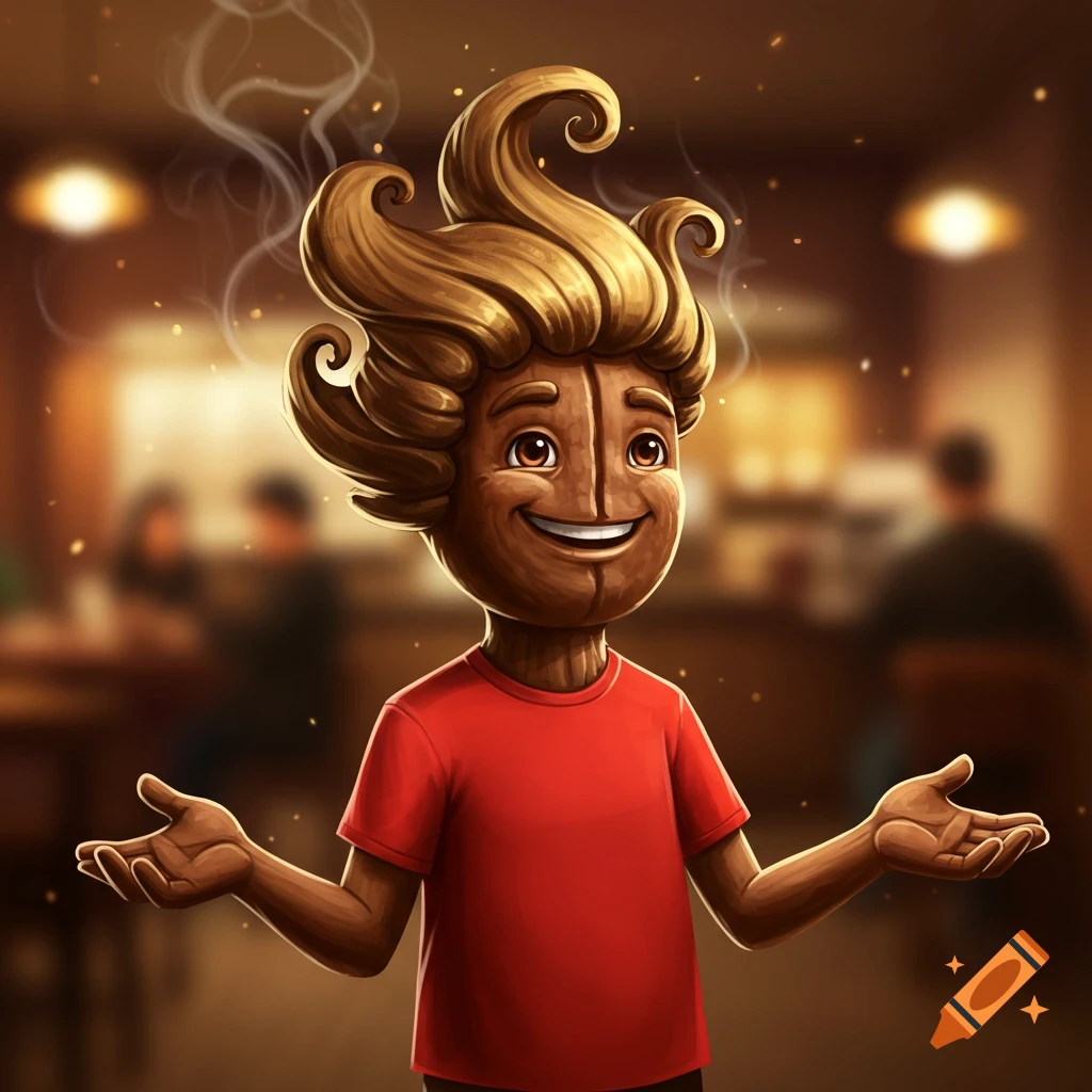 A cheerful cartoon character with a coffee bean head and steam-like hair, wearing a red t-shirt, stands with open hands in a blurred coffee shop.