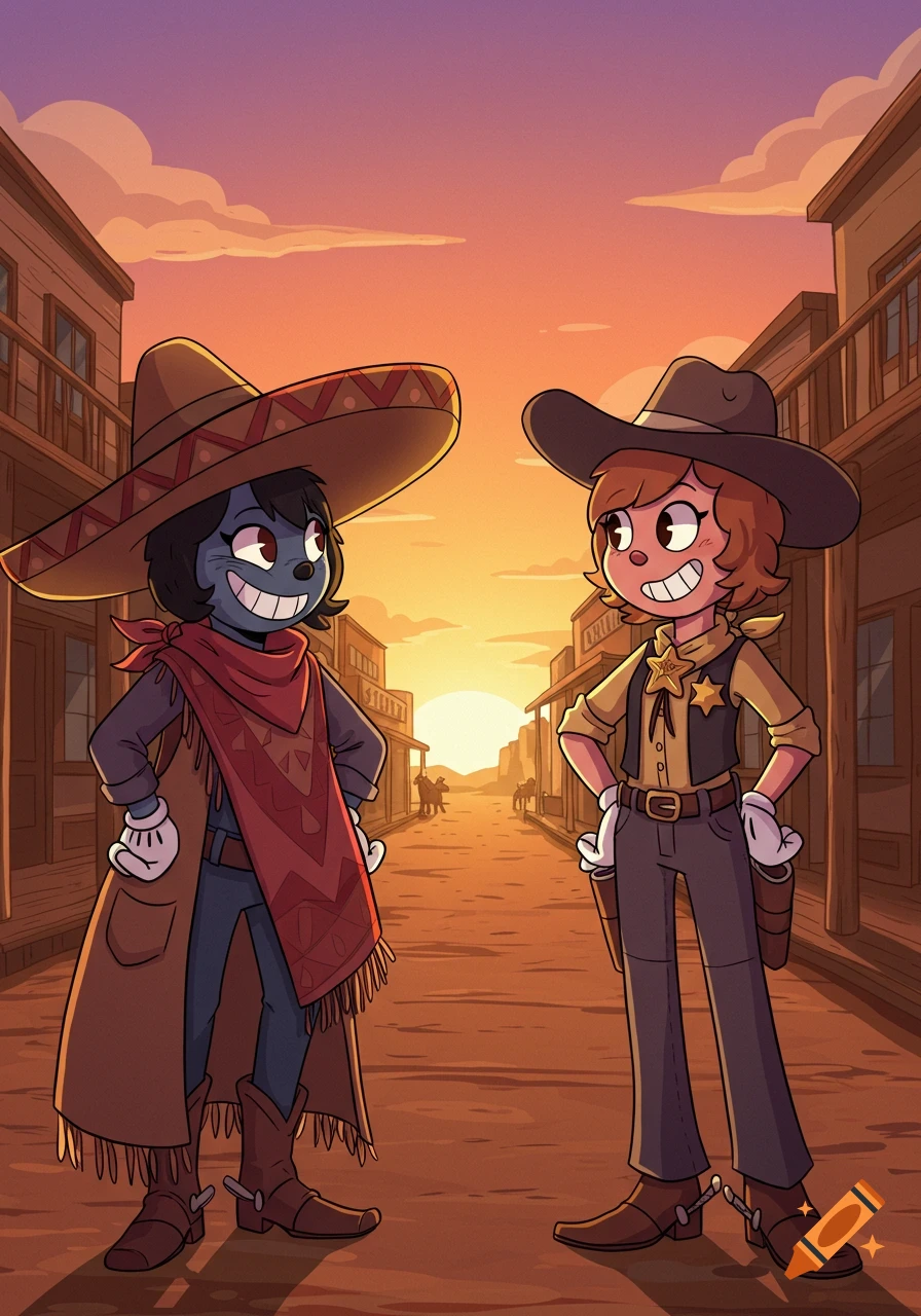 Two rubberhose cartoon cowgirls, an outlaw in a sombrero and a sheriff, stand in a Wild West town at sunset.
