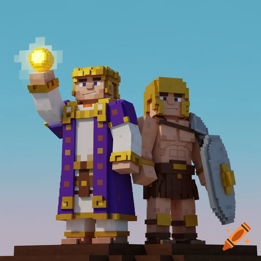 Blocky emperor holding a glowing orb next to a gladiator with a shield, in a pixel art style resembling Minecraft.