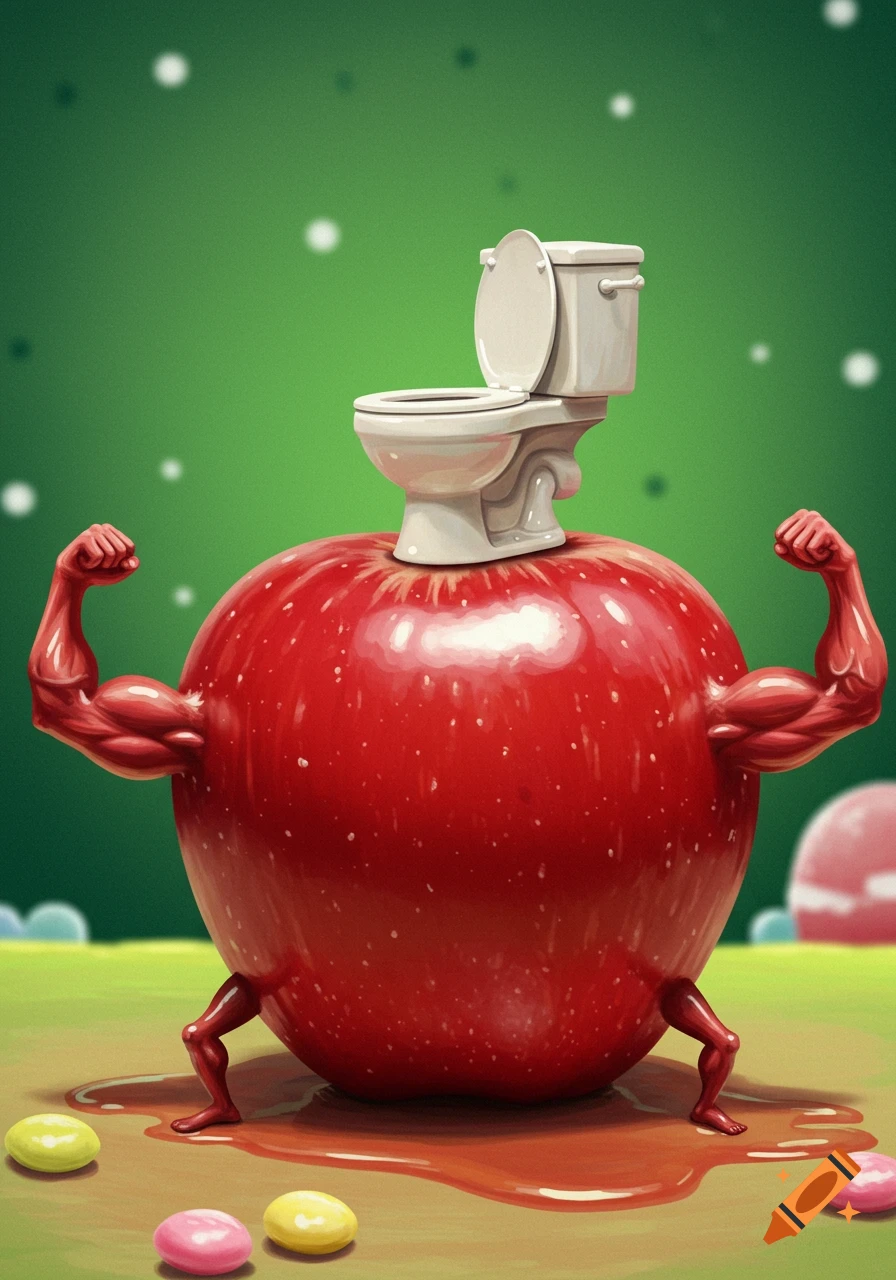 A red apple with muscular arms, tiny legs, and a toilet on its head, standing on green ground with candies.