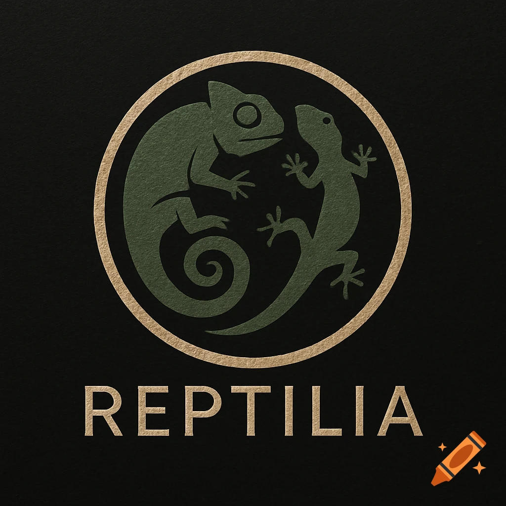 A logo with a dark green chameleon and lizard inside a gold circle, with the word REPTILIA below on a dark background.