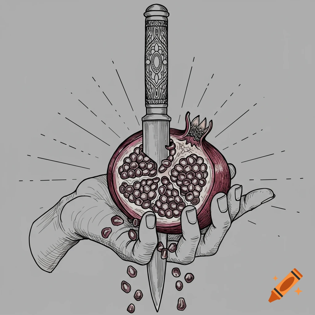 Line art tattoo style illustration of a hand holding a pomegranate being pierced by a knife.