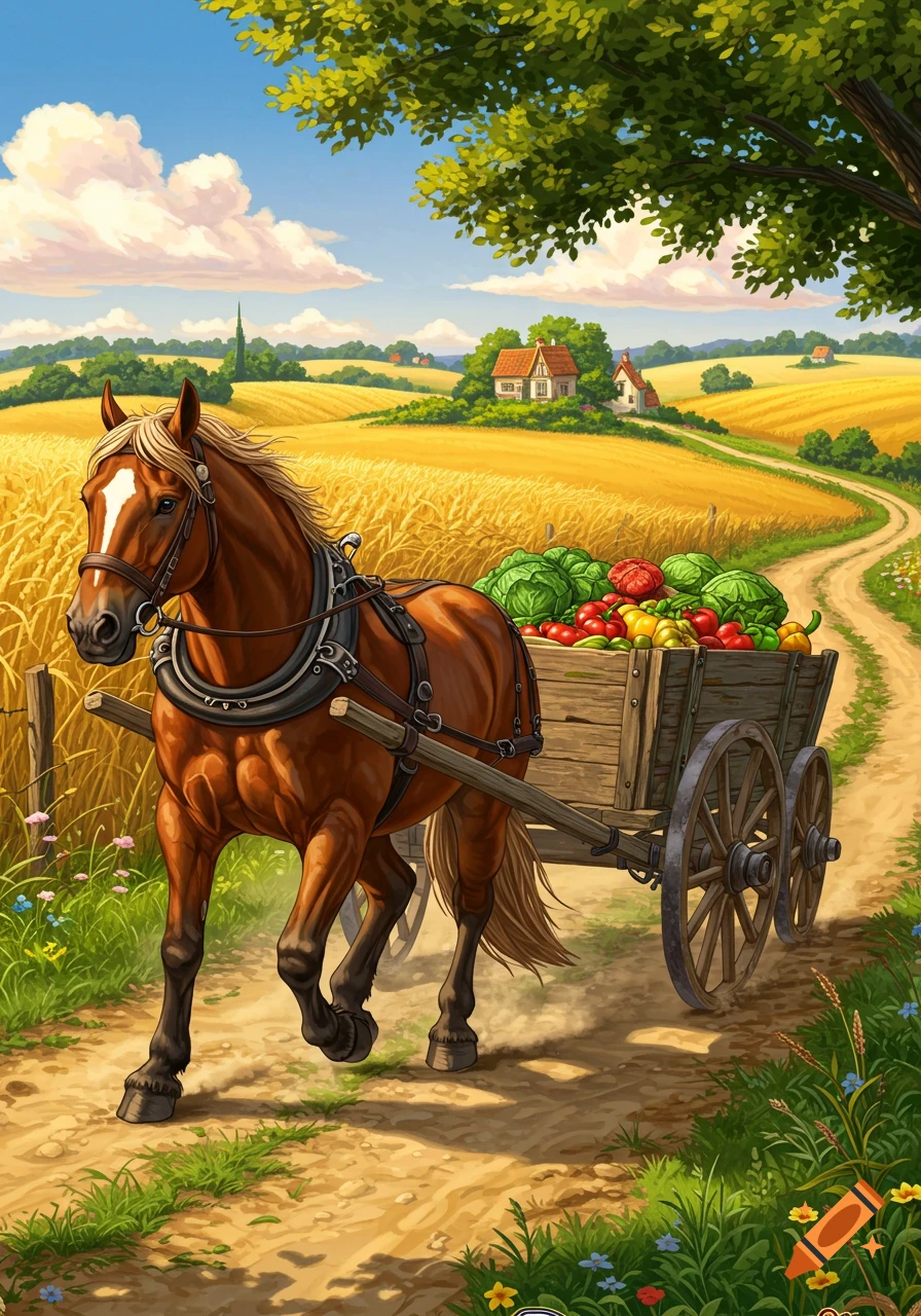 A stylized illustration of a brown horse pulling a cart laden with vegetables along a dirt path through sunny golden fields, past a farmhouse.