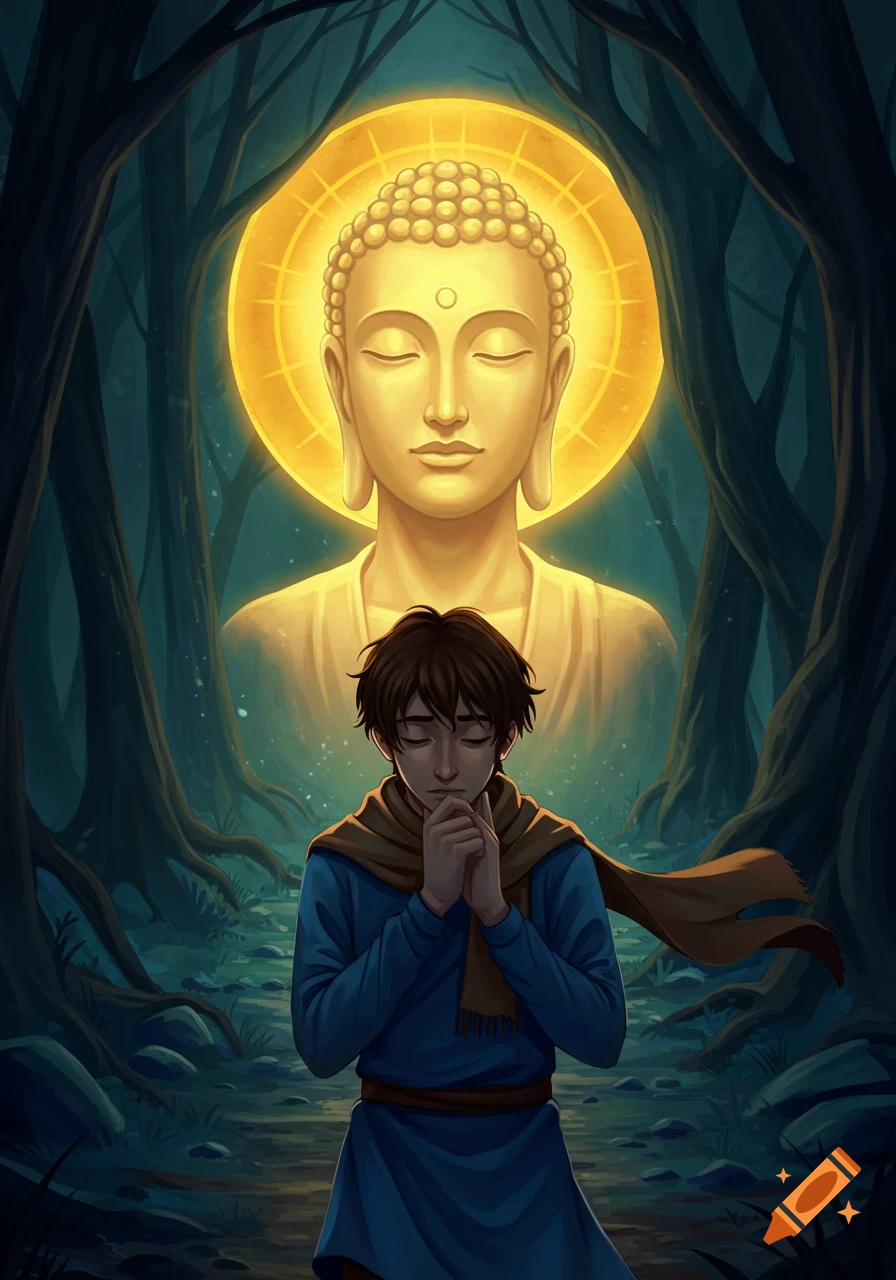 A young man with dark hair prays before a serene Buddha figure with a golden halo in a mystical, dark forest, digital illustration.