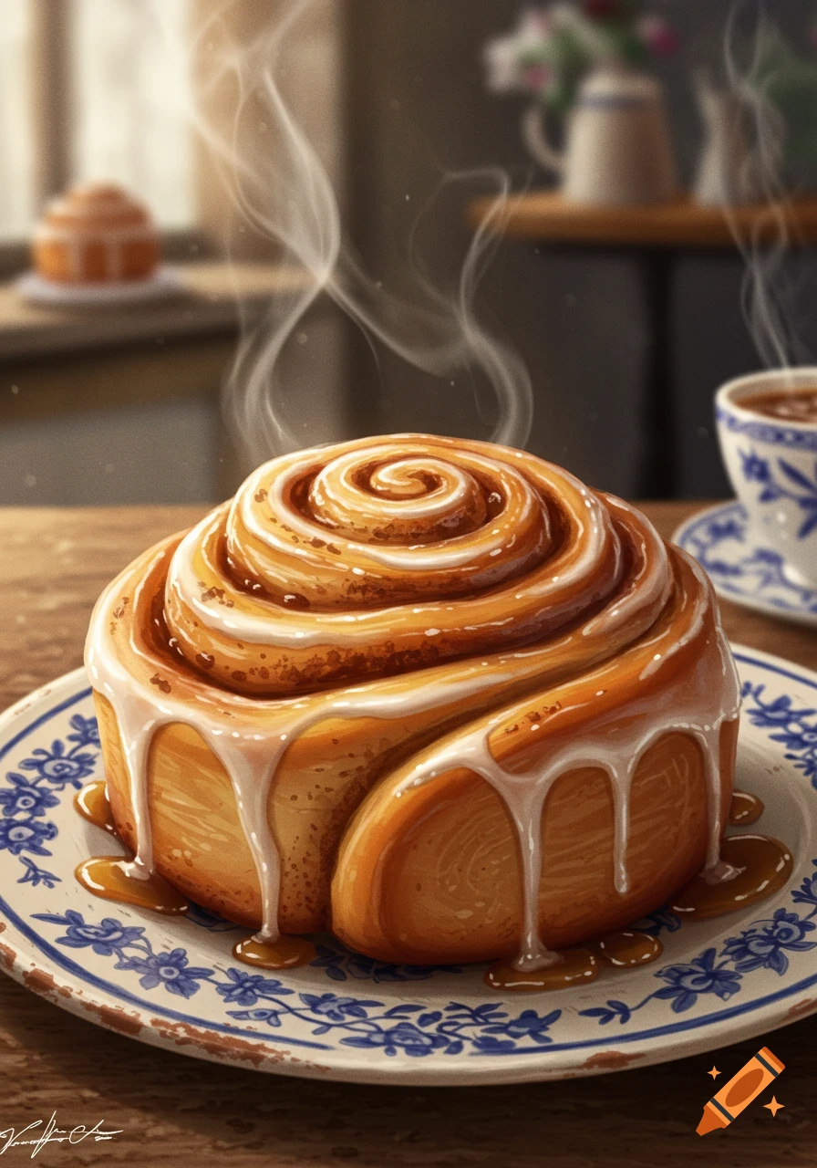 A steaming, warm cinnamon roll with white icing and caramel drizzle sits on a blue and white patterned plate on a wooden table, in a cozy kitchen setting.