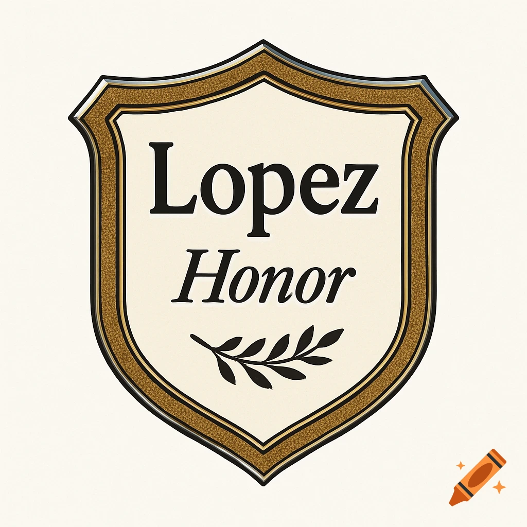 A vintage shield emblem with a brass border on a white background, featuring 'Lopez' in serif and 'Honor' in italic below a laurel sprig.