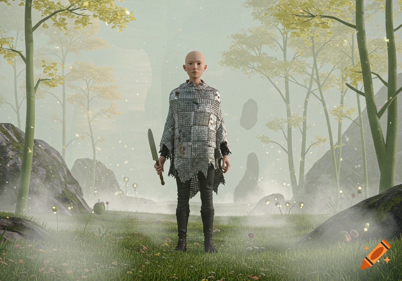A bald, child-like figure in a patched metal poncho holds a knife, standing in a misty fantasy forest with glowing plants and floating rocks.