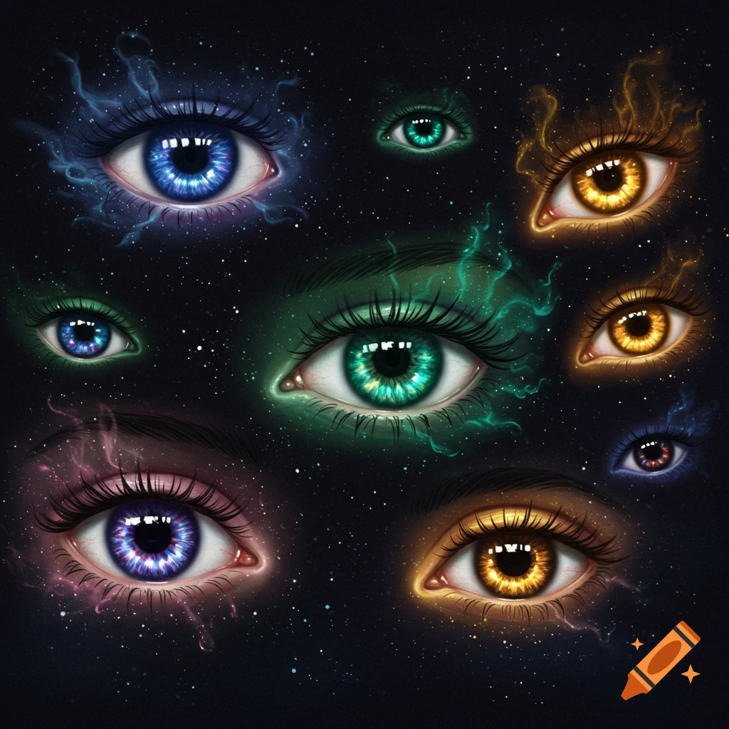 Multiple vibrant, glowing, stylized eyes in various colors like blue, green, purple, and gold, surrounded by cosmic dust and stars on a dark background.
