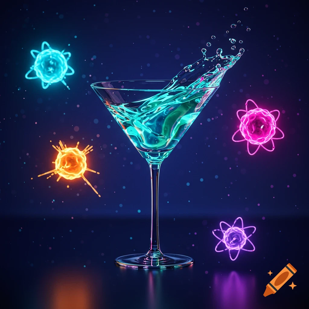 A vibrant teal liquid splashes from a martini glass surrounded by glowing, colorful atomic-like particles against a dark background.