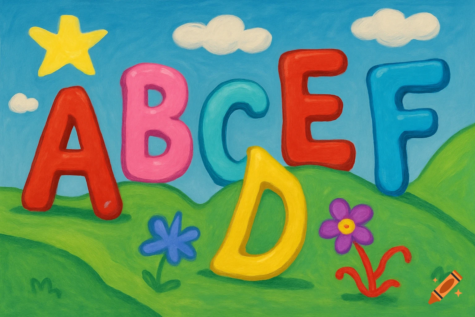 Colorful chunky alphabet letters A, B, C, D, E, F on green hills under a blue sky with clouds and a star, in a cartoon style.
