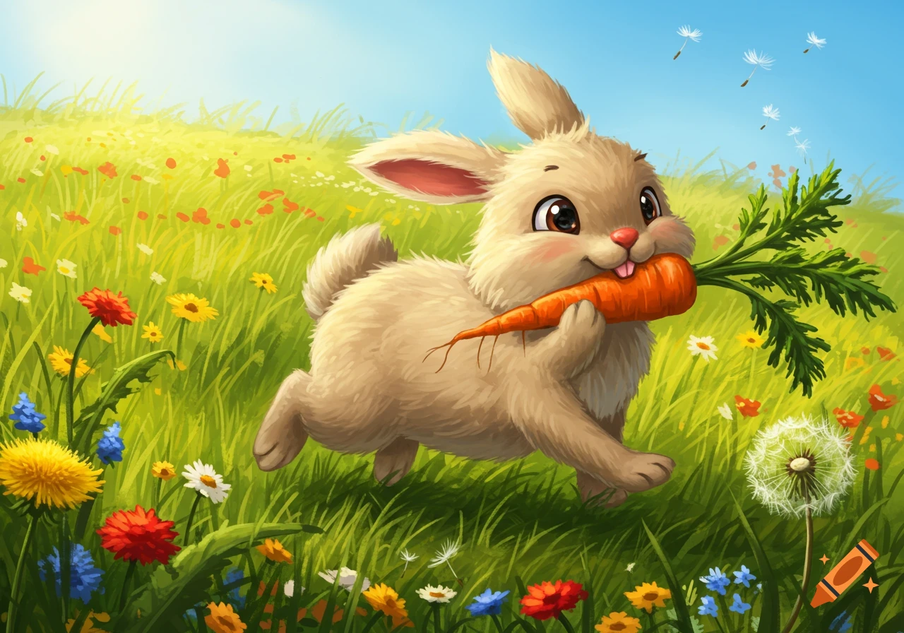 A cute, fluffy brown bunny with a pink nose runs through a vibrant green meadow filled with colorful flowers, holding a carrot in its mouth. Cartoon style.