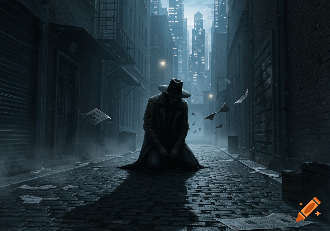 A mysterious figure in a trench coat and fedora kneels on a wet cobblestone street in a dark, misty city alley with skyscrapers in the background.