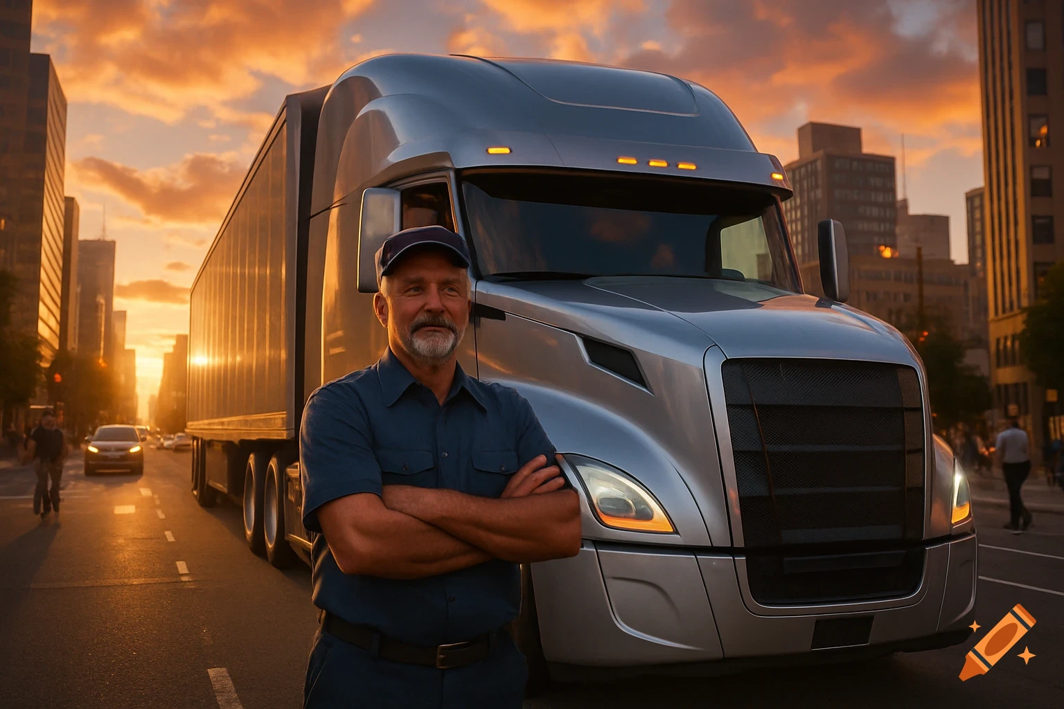 A truck driver with a beard and cap stands with crossed arms in front of a silver semi-truck on a city street at sunset.