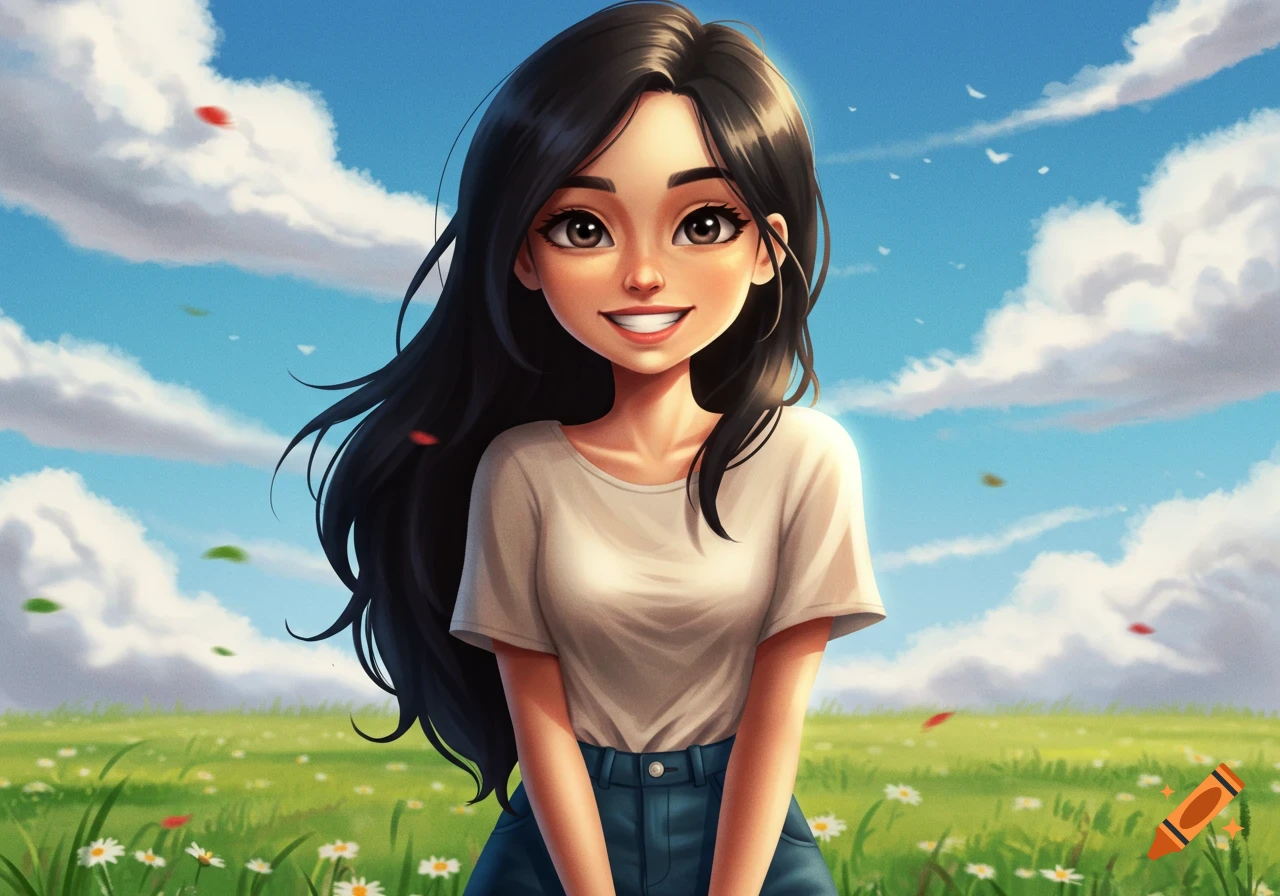 A smiling cartoon girl with long black hair stands in a green field with daisies under a blue sky.